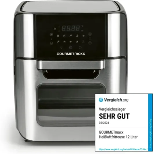 GOURMETmaxx Friteuse à air chaud numérique 12 L, four XXL en inox - Airfryer + minuterie, écran tactile, tournebroche - Friture pauvre en graisse, économie d'énergie - 10 Programmes y compris pizza 12 Litres