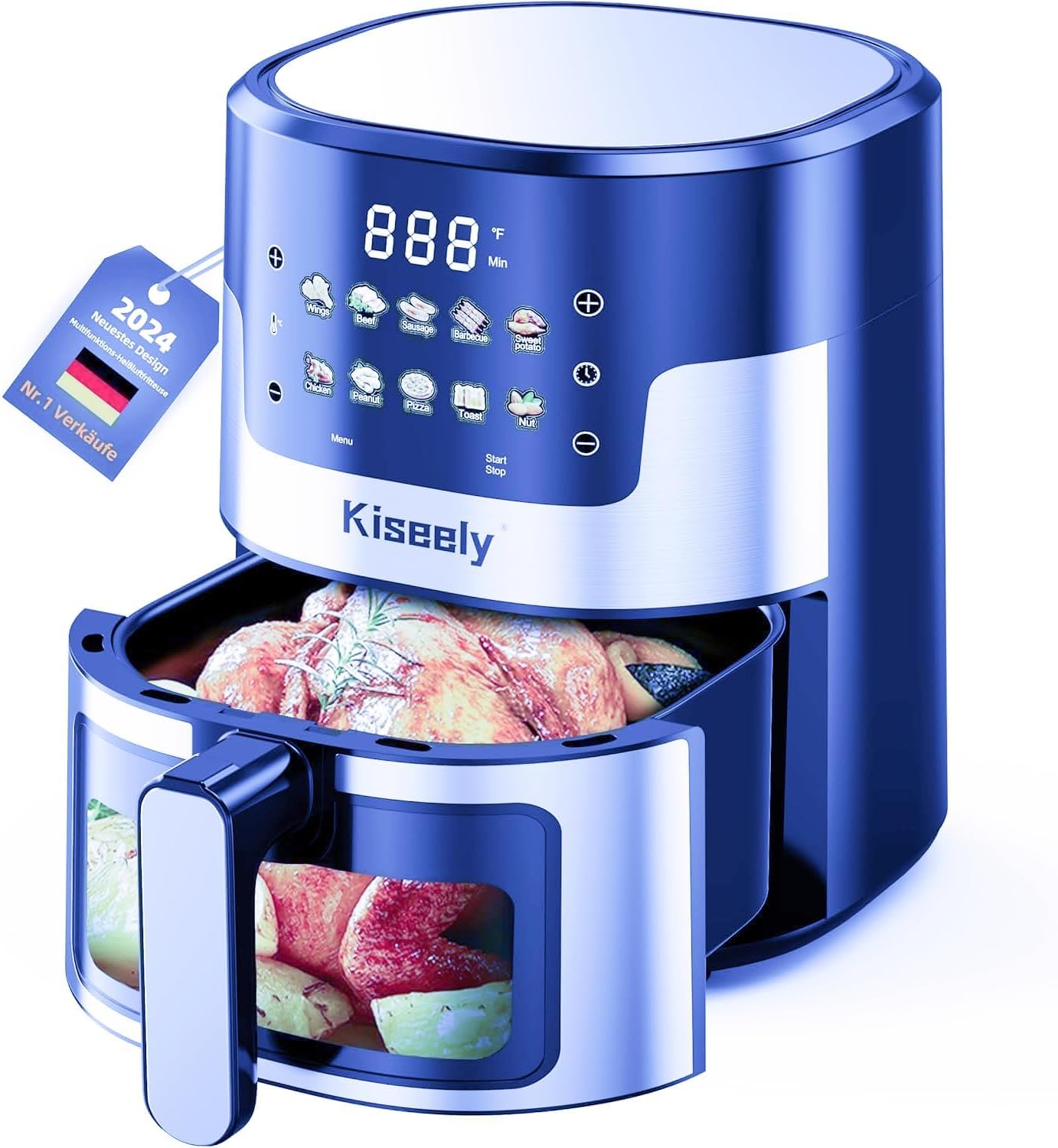 Friteuse à air 6 L avec écran tactile en verre et fenêtres transparentes, four à friteuse à air 10 en 1 en acier inoxydable avec contrôle de la température pour rôtir, cuire et griller (VG1)