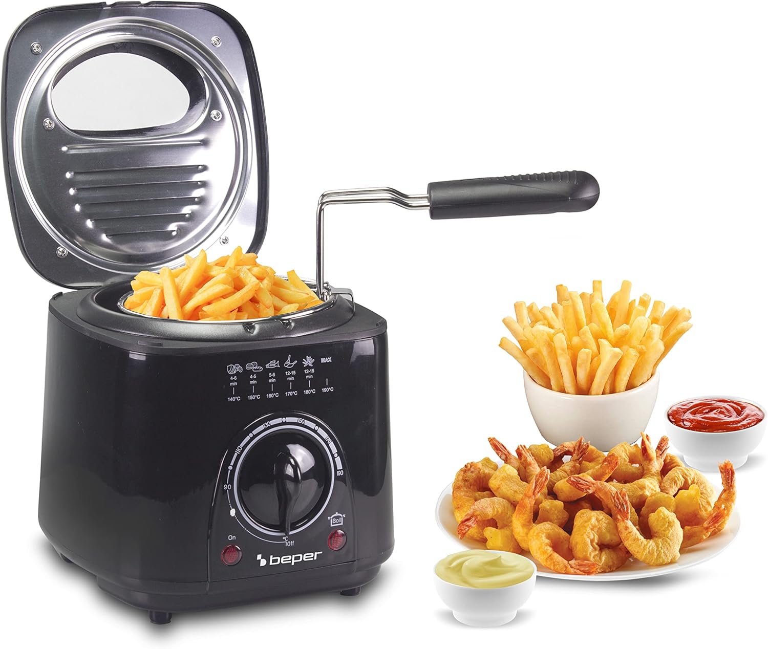 P101FRI100 Friteuse électrique 1L, 850-950W, Panier en acier amovible, Couvercle avec hublot, Filtre lavable amovible, Température réglable, Pieds antidérapants, Noir