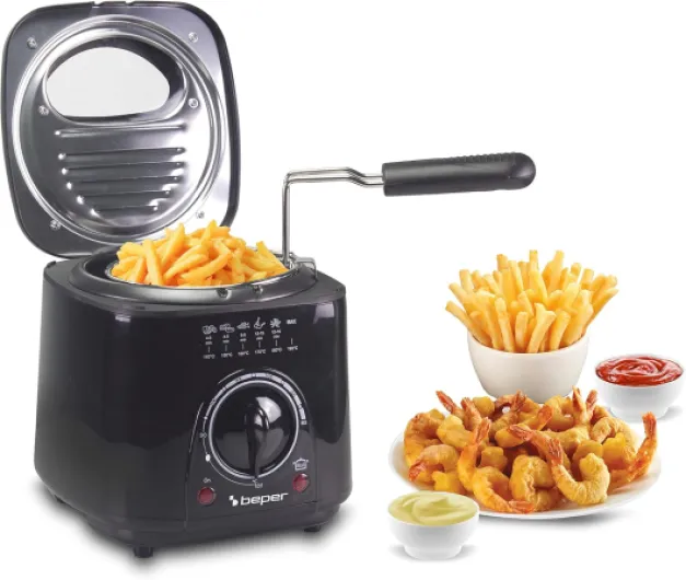 P101FRI100 Friteuse électrique 1L, 850-950W, Panier en acier amovible, Couvercle avec hublot, Filtre lavable amovible, Température réglable, Pieds antidérapants, Noir