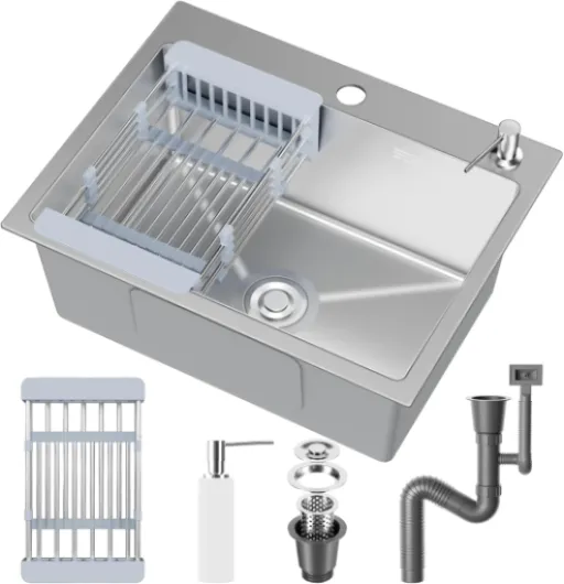 Evier Cuisine 1 Bac 68 x 45 cm, Inox avec Filtre de Vidange, Poser avec Trous pour Robinets