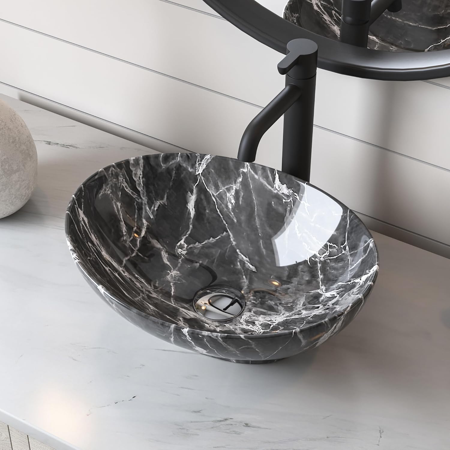 Vasque à Poser Salle de Bain DeerValley Ovale Lavabo Évier de Salle de Bain Ovale en Céramique Moderne en Forme D'œuf 406 x 330 mm Fissures Noires 420x460mm