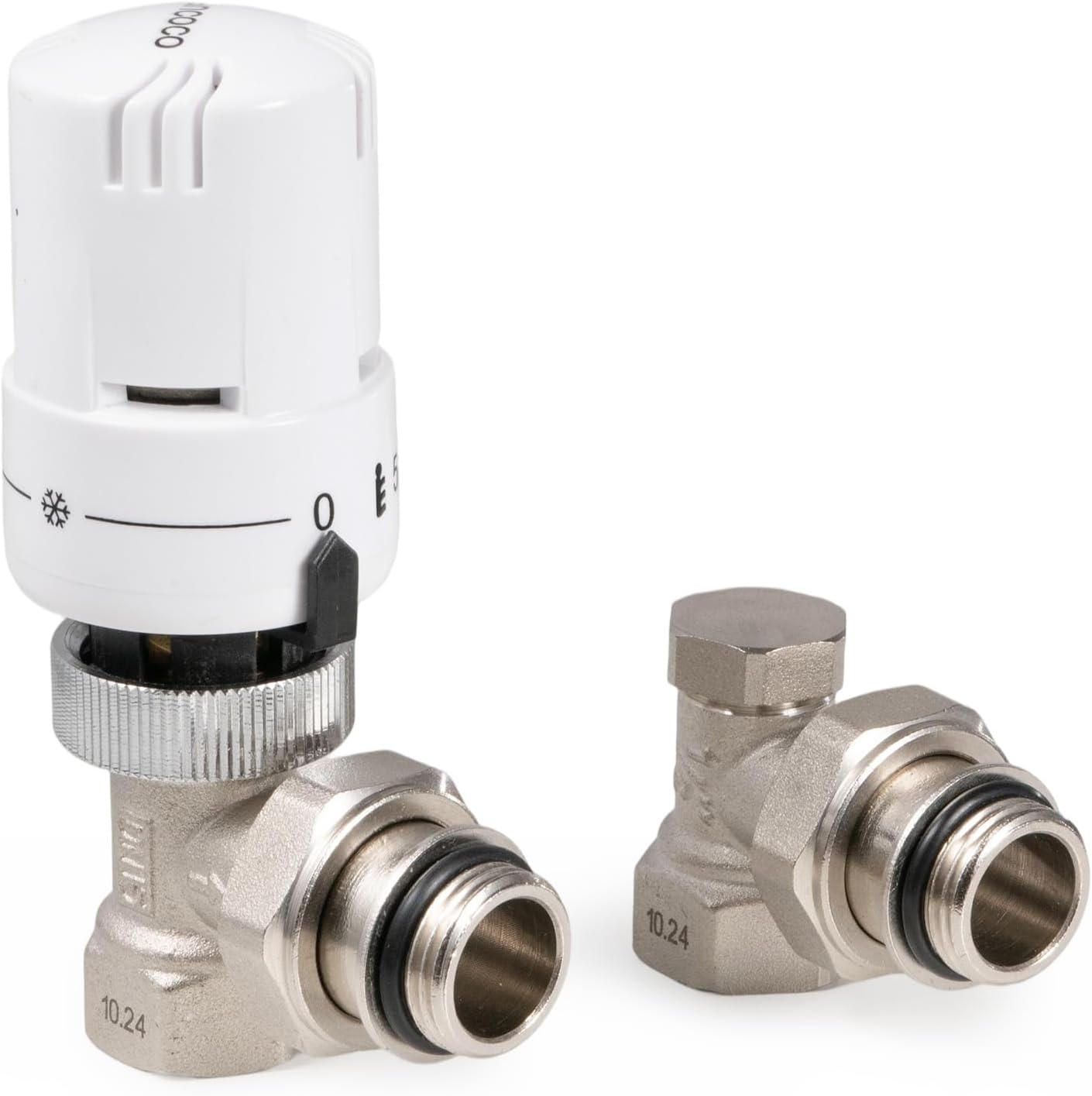 Robinet Thermostatique Radiateur et Coude de Réglage en équerre G1/2 (15×21) - Raccord étanche avec Joint 15/21 - Kit Thermostatique Radiateur Blanc - Protection Anti-Gel, Norme EN215 Raccord étanche avec Joint G1/2" Blanc+nickelé