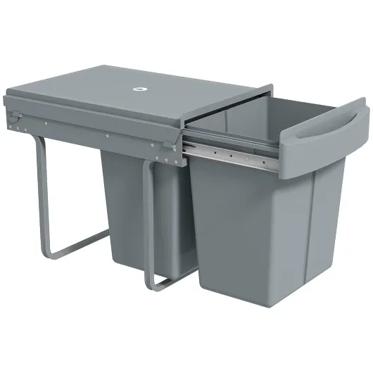 Poubelle cuisine coulissante encastrable avec 2 x 20 L compartiments amovibles, poubelle sous évier avec couvercle givré, coulissement fluide et poignée, pour déchets et recyclage, gris