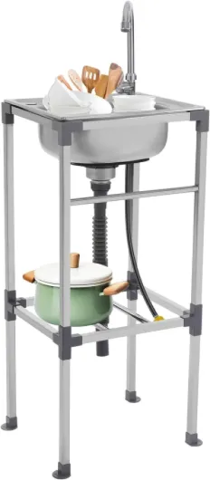 Évier de cuisine sur pied en acier inoxydable avec meuble inférieur, lavabo mobile, 1 bac avec robinet et panier filtrant, évier commercial pour cuisine, 42 x 37 x 83 cm