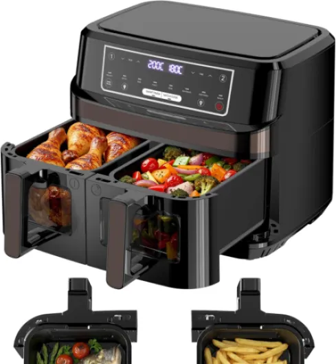 Air Fryer Double Compartiment - 10L Friteuse à Air Chaud Fenetre Visible Contrôle Individuel Température, 8-en-1 Friteuse Sans Huile Commande Tactile max 200℃,Friteuse Airfryer 2600W Éclairage Intégré 10 Litres