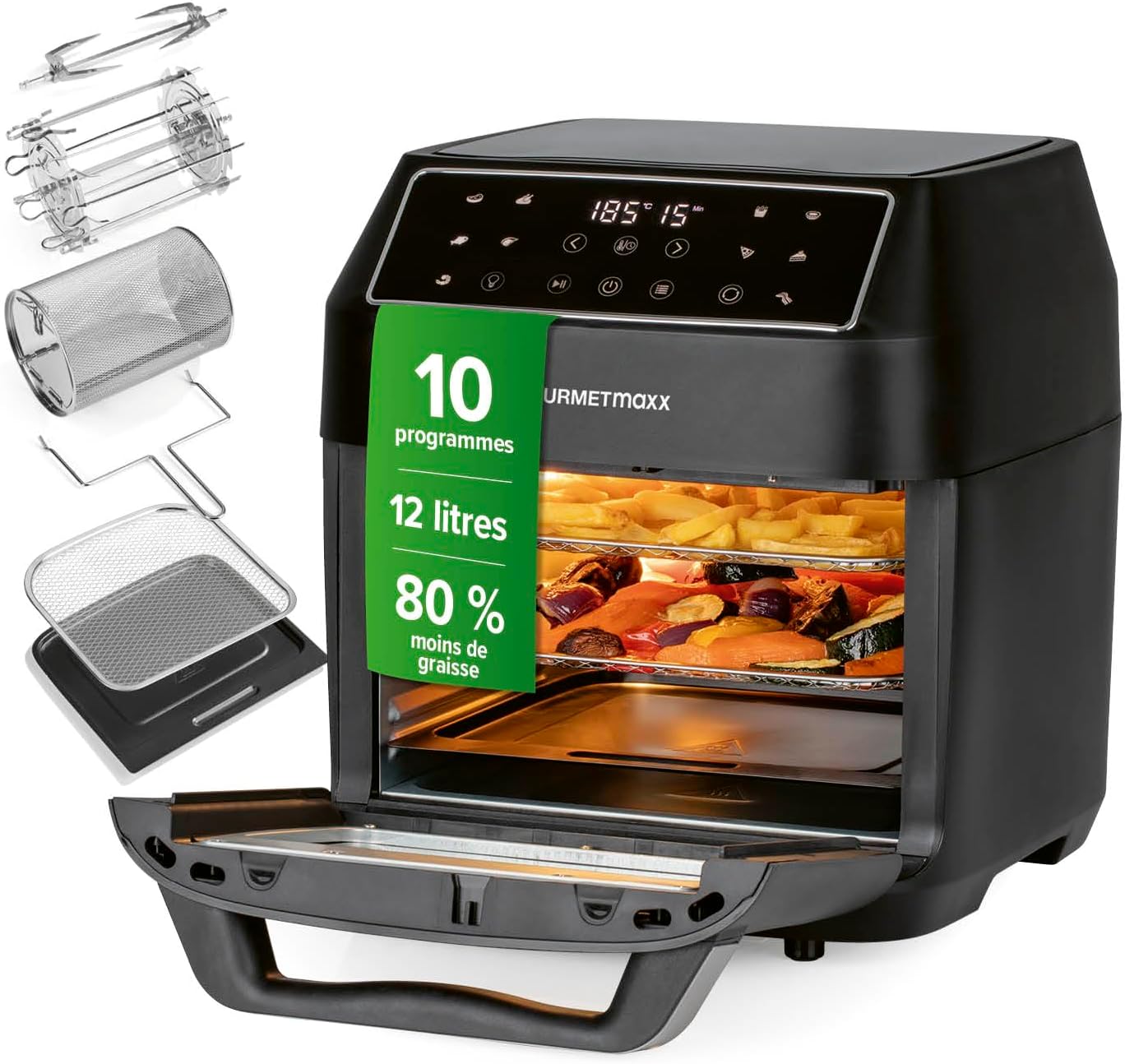 GOURMETmaxx Friteuse à air chaud 12L - Sans huile avec écran tactile, minuterie, brochettes & fonction rôtissoire - 10 programmes automatiques - Cuisson saine – idéale pour un poulet entier - 1700 W 12 Litres