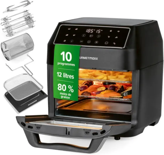 GOURMETmaxx Friteuse à air chaud 12L - Sans huile avec écran tactile, minuterie, brochettes & fonction rôtissoire - 10 programmes automatiques - Cuisson saine – idéale pour un poulet entier - 1700 W 12 Litres