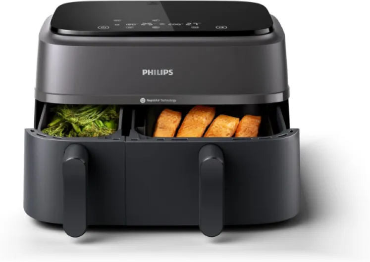 Airfryer Série 3000 - Air Fryer Double Panier, 9L, Technologie RapidAir, jusqu'à 90% de matières grasses en moins, Economies d'énergie, Application HomeID, coloris Noir (NA350/00) Double Tiroir