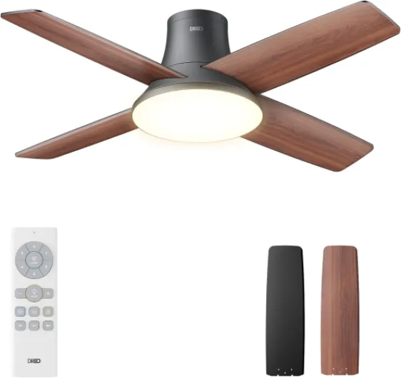 Ventilateur de plafond silencieux avec lumière LED, 112cm, réversible, 5CCT, 6 vitesses, facile à installer, minuterie, montage en surface, télécommande, noir