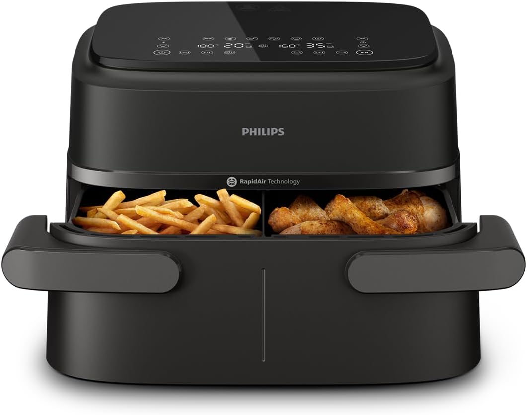 Airfryer Série 1000 - Air Fryer Dual size avec Séparateur Amovible 7.1L, 10-en-1, Technologie RapidAir, jusqu'à 90% de matières grasses en moins, appli - HomeID, coloris Noir (NA154/00) Tiroir Flexible (séparateur amovible)