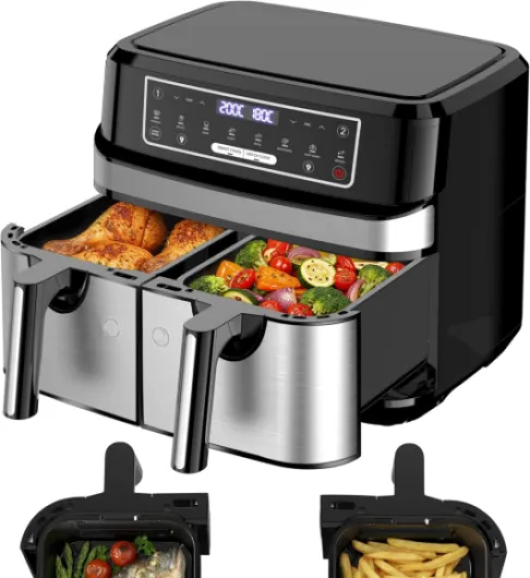 Air Fryer Double Compartiment 9L - Friteuse Sans Huile a 2x4,5L Tiroir, 2600W Friteuse à Air Chaud 8 en 1 Écran Tactile Smart Finish Fonction, Airfryer Deux Zones Contrôle Individuel Température Temps 9 Litres