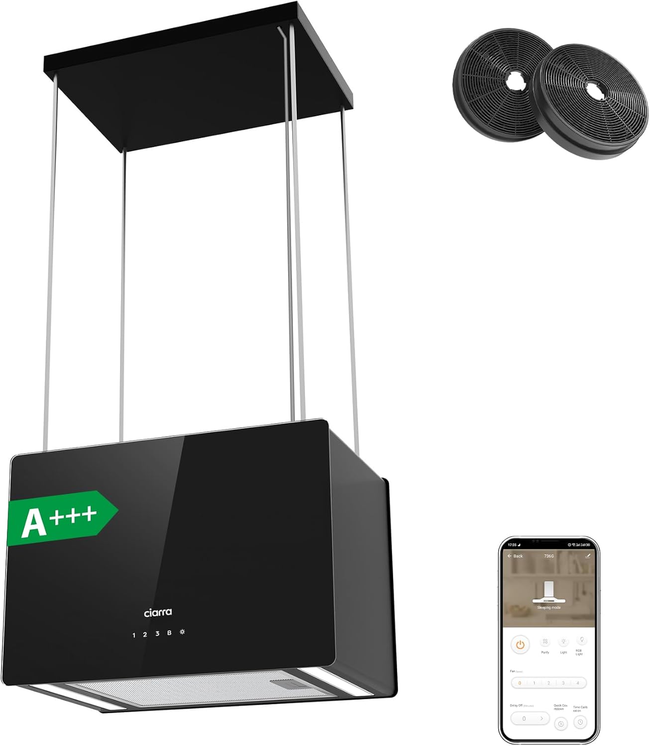 Hotte îlot Centrale A+++ 700m ³/ h 48cm - Hotte Aspirante 4 Vitesses - WiFi&APP - Filtre à Charbon Inclus - 2 Niveaux de Luminosité LED - Hotte Suspendue Recyclage - CBCB4850 Noir Poli