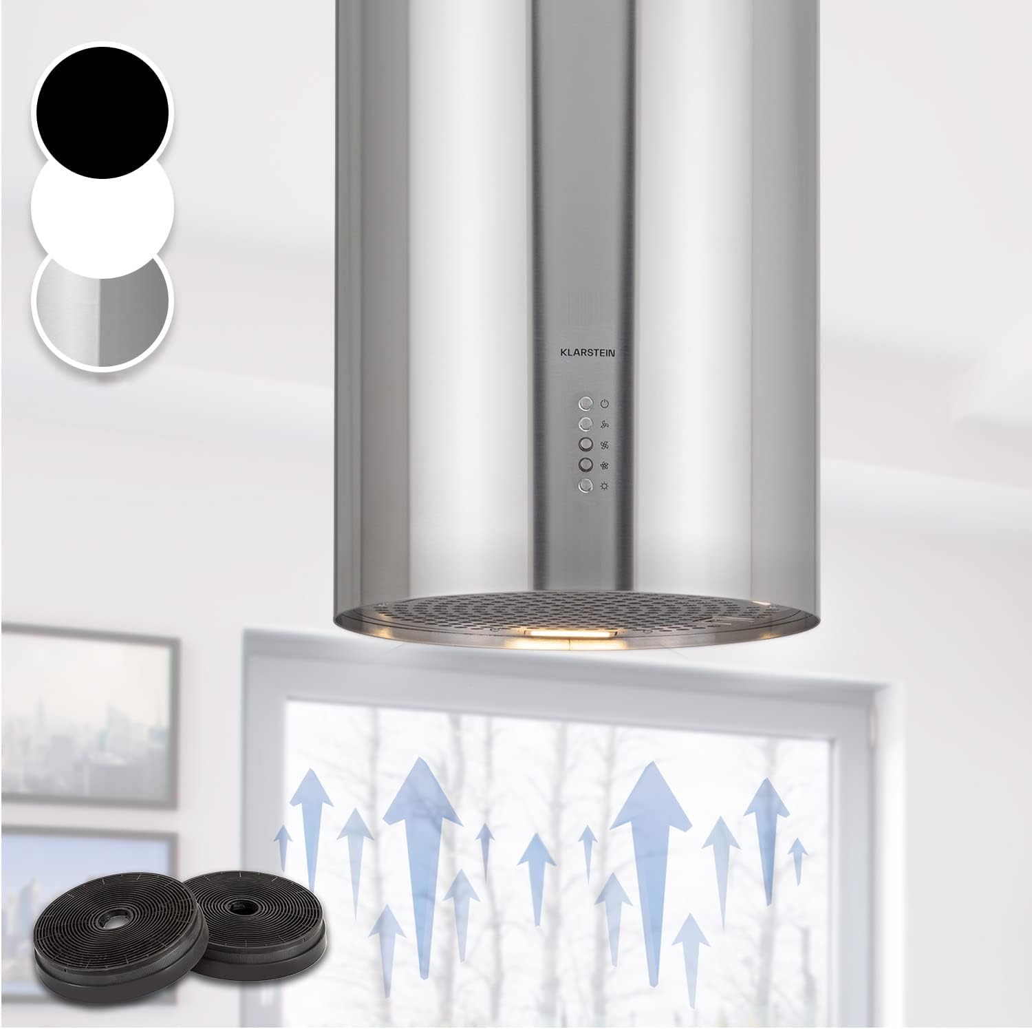 Klartstein Hotte Ilot Central Cuisine, Débit d'Air de 600 m³/h, Hotte pour Ilot 3 modes, Hotte Aspirante Suspendue, Filtres à Charbon Actif, Minuterie, Hotte de Cuisine Réglable avec Conduit Design Argent