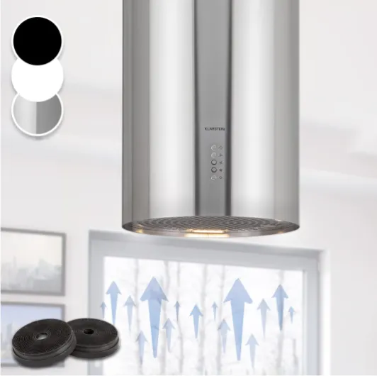 Klartstein Hotte Ilot Central Cuisine, Débit d'Air de 600 m³/h, Hotte pour Ilot 3 modes, Hotte Aspirante Suspendue, Filtres à Charbon Actif, Minuterie, Hotte de Cuisine Réglable avec Conduit Design Argent