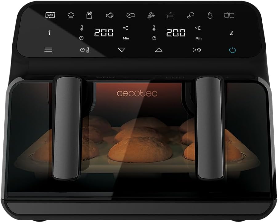 Friteuse sans huile 9 L à air chaud Cecofry Dual 9000 - 2200W, numérique et compacte, double température, technologie PerfectCook, possibilité de diviser le seau de 4,5 L en 2, 6 modes 1 Panier 9L + Cloison Noir