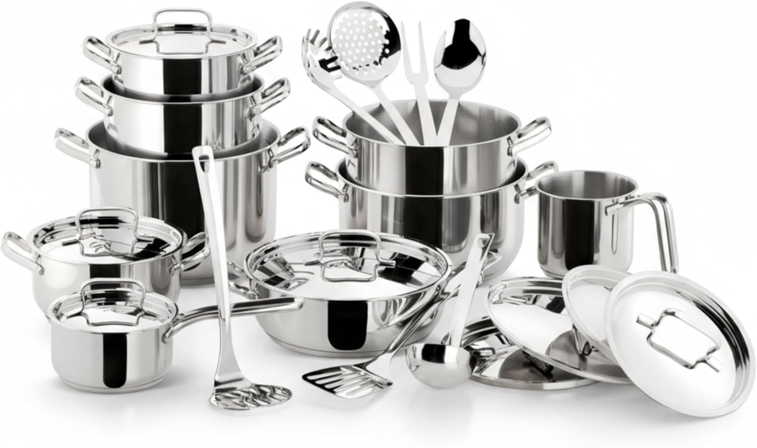 Sfiziosa Batterie Cuisine en Acier Inox 18/10, Induction, Gaz et Four, 24 Pièces, Fond Lagoseal Plus, 6 Marmites, 1 Faitouts, 1 Casserole, 1 Pot à Lait, 8 Couvercles, 7 Ustensiles Sfiziosa 24 Pièces