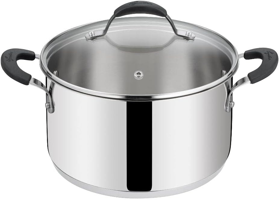 Tempra Acier Casserole Fonda et Couvercle, Casserole Ø 26 cm en acier inoxydable 18/10 + Couvercle en verre, avec fond Lagotherm et poignées en silicone casserole Ø 24 cm