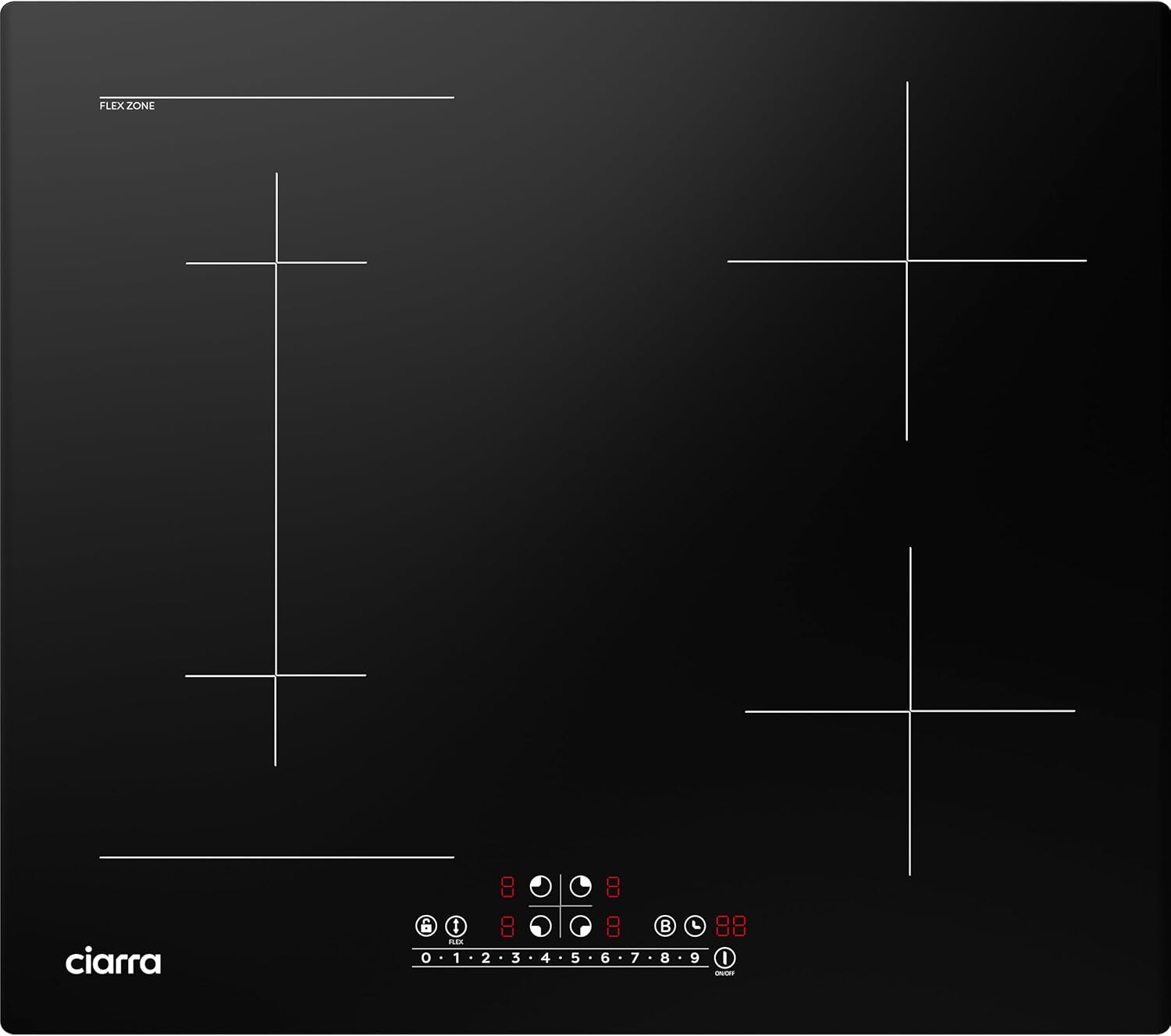 CBBIH4BF 7200W Plaque à Induction Encastrable 4 Zones - 1 Zone Flexible - Fontion Boost- Commande Tactile - en Verre Ceramique -9 Niveaux de Puissance- Verrouillage d'enfant - Noir Plaque de cuisson Flex 1 flex zone Noir