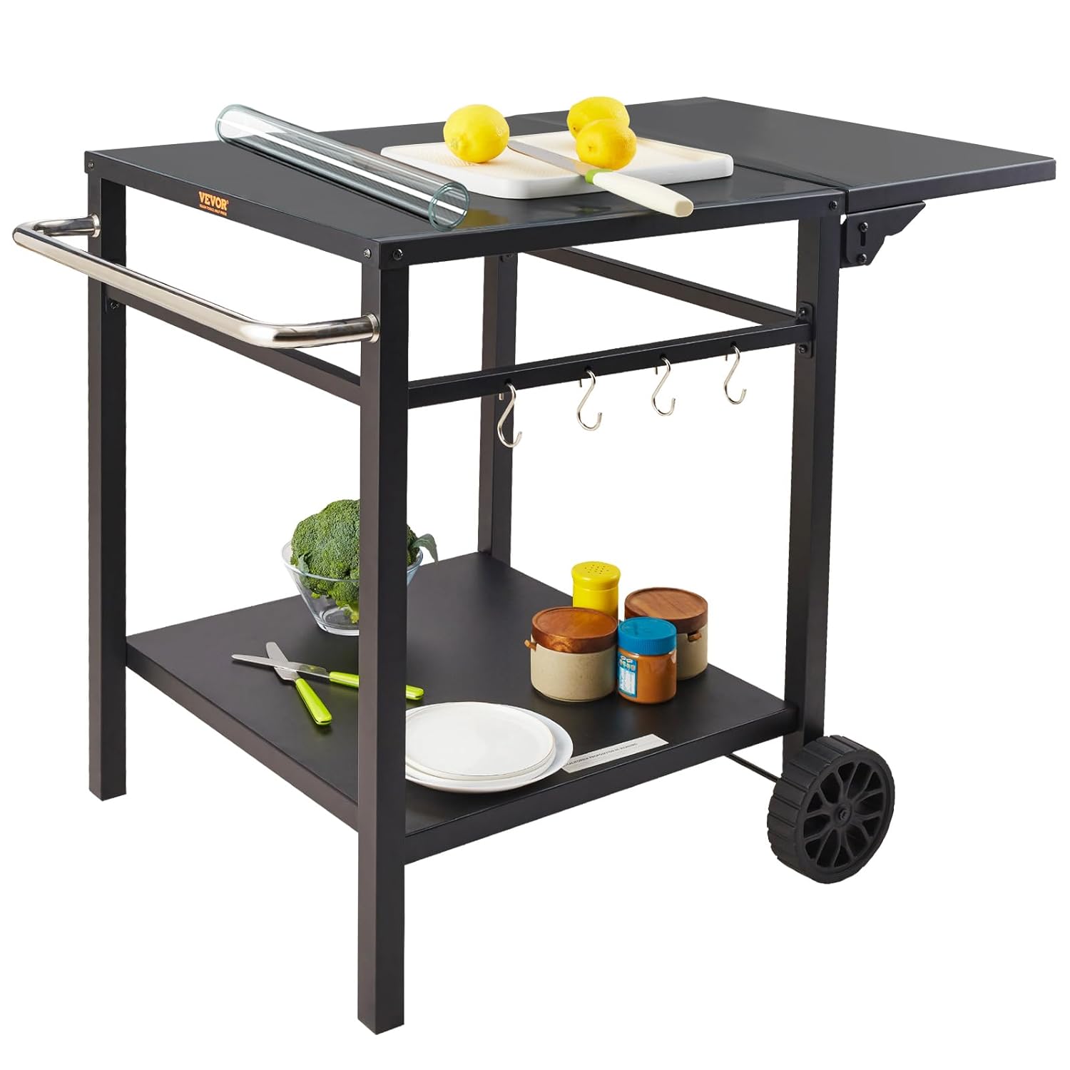 Desserte Plancha à 2 Niveaux Chariot de Barbecue avec Plan de Travail Pliable Table de Barbecue sur Roulettes pour Four à Pizza Préparation de Cuisine BBQ Jardin Extérieur 87,5 x 55 x 75,5 cm