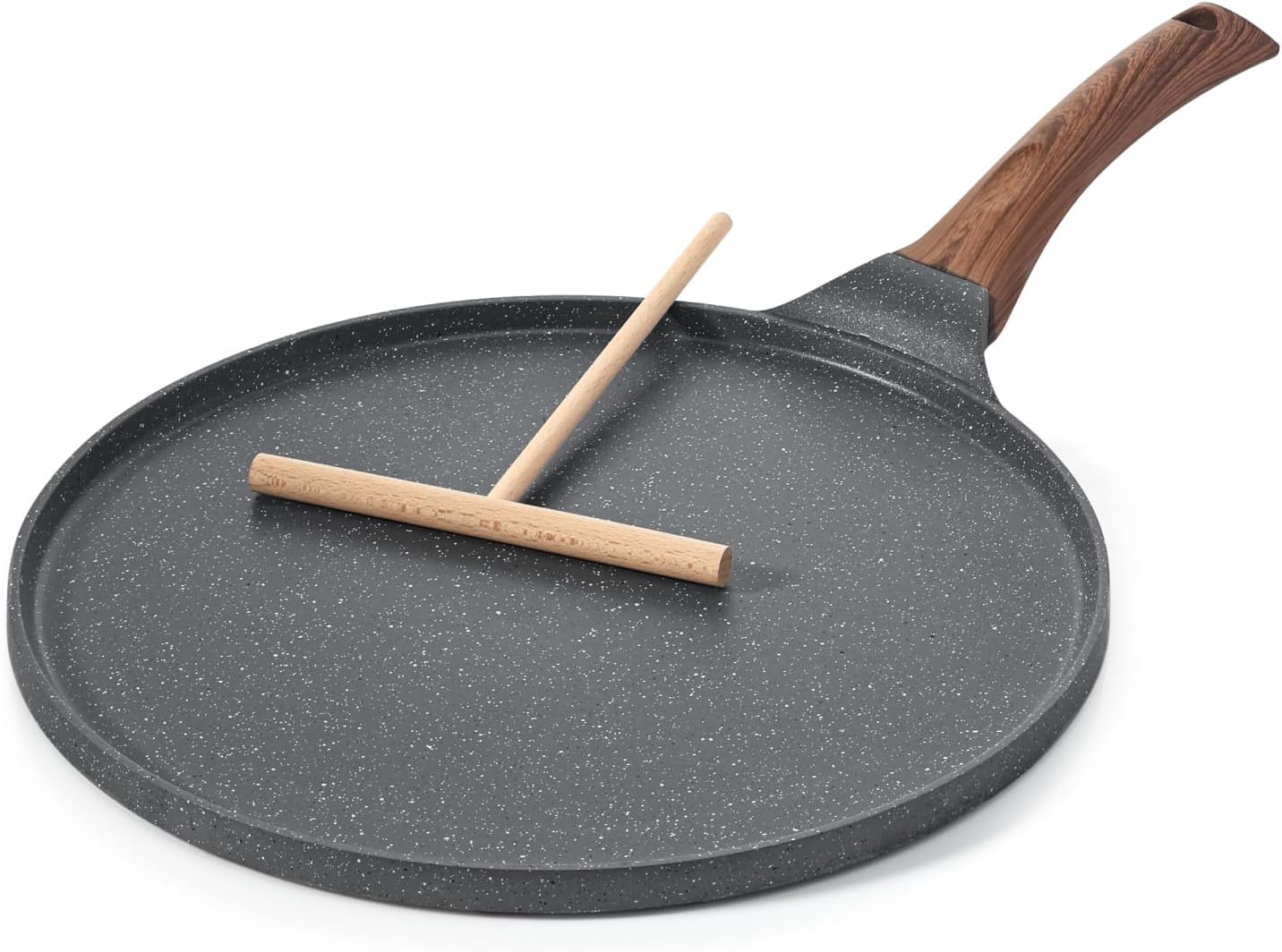 Poêle à Crêpes 26 cm avec Revêtement Antiadhésif en Granit Suisse - Compatible Induction - Crêpière avec Répartisseur de Pâte - Poignée Confortable et Ergonomique Gris 26cm