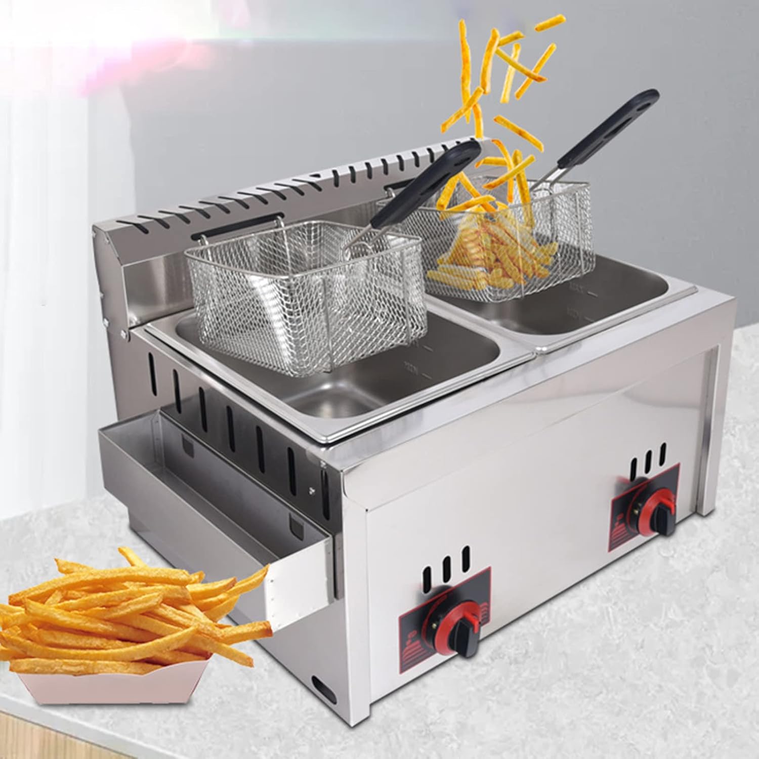 Friteuse Gaz Professionnelle 10Lx2 avec Cuve D'assaisonnement en Acier Inoxydable - Idéale pour Frites Commerciales en Restaurant Familial, 2 Paniers pour Une Cuisson Efficace