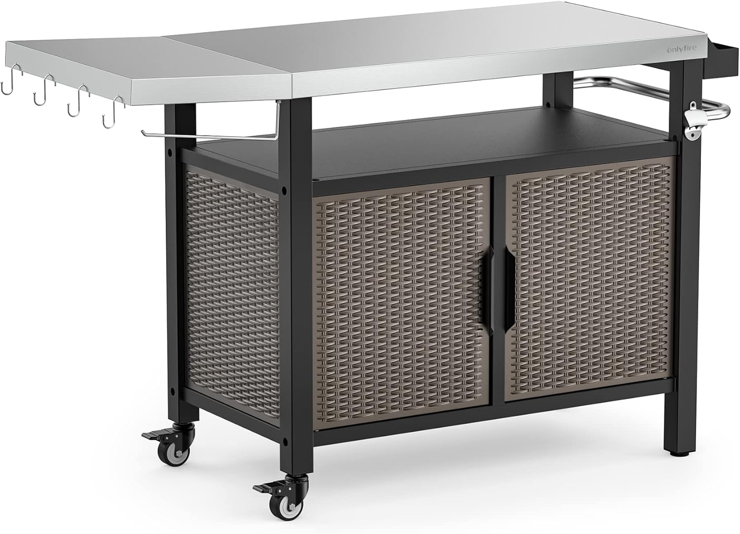 Dessertes de Jardin, Desserte Extérieure à roulettes, Chariot Plancha Exterieur avec Table D'appoint, Plateau de Table en INOX, Chariot de Service, Chariots pour Barbecue, 143.5 × 56 × 91 cm OKA9120