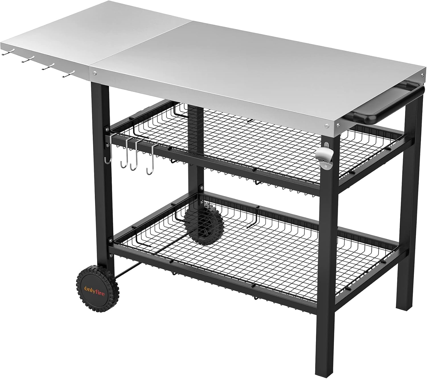 Amélioré Chariot de barbecue, Desserte Cuisine Inoxydable pour Plancha, avec Table d'appoint, Panier de rangement à deux couches et Porte-ustensiles,