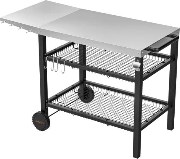 Amélioré Chariot de barbecue, Desserte Cuisine Inoxydable pour Plancha, avec Table d'appoint, Panier de rangement à deux couches et Porte-ustensiles,