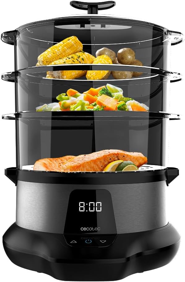 Cuiseur Vapeur Électrique VapoVita 3000 Pro - Cuit à la Vapeur et Préserve les Nutriments et les Vitamines - 1000 W, Numérique, Capacité 1 L, Comprend 3 Contenants Blanc