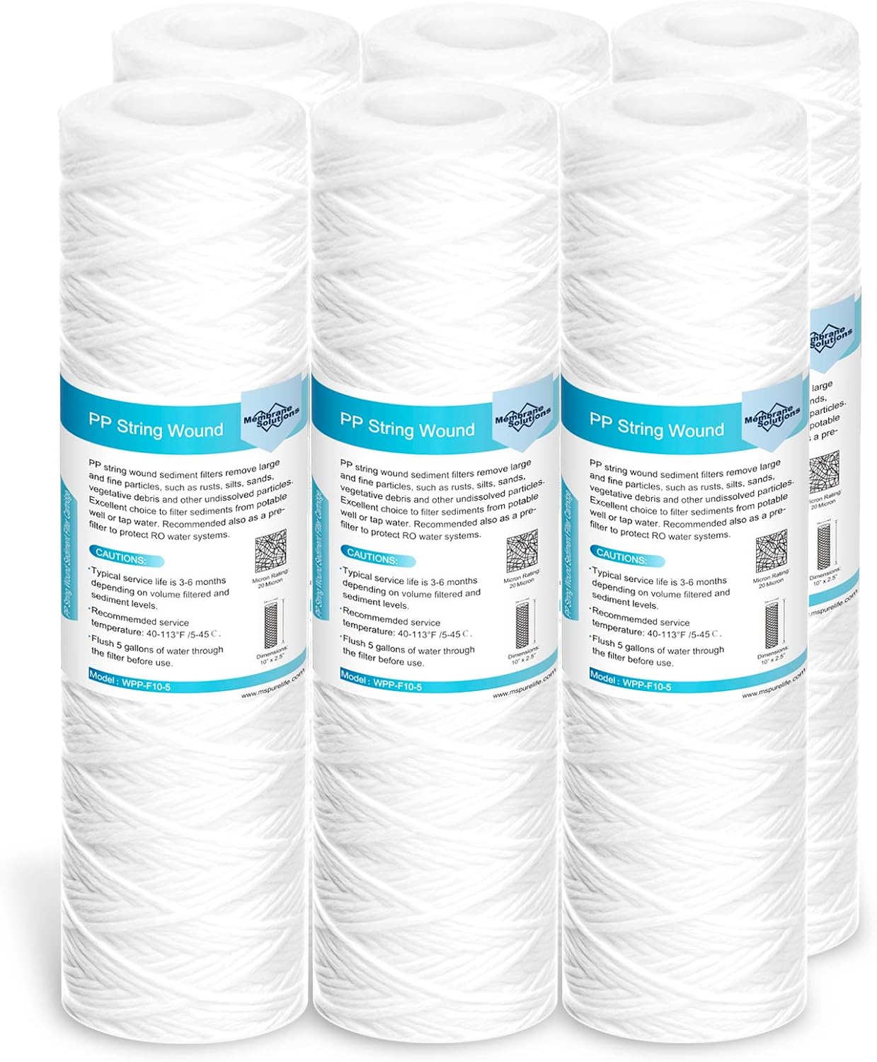 Membrane Solutions Cartouche de filtre à eau pour sédiments enroulés de 20 micron[6 Pack],pour l'osmose inverse, filtration de sédiments dans toute la maison, Taille standard 10 pouces, Lot de 6 20 microns