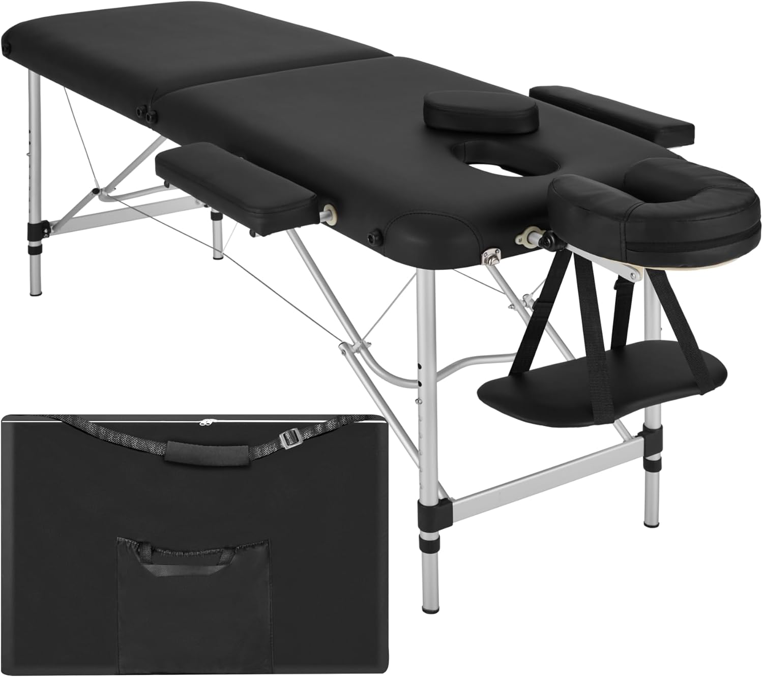 ® Table de Massage Pliante Professionnelle 2 Zones Aluminium Cosmetique Lit de Massage Table Esthetique Tatouage Portable avec Repose Bras, Housse de Transport Incluse Noir