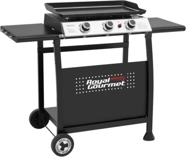 Plancha Gaz sur Chariot, 3 Brûleurs Puissance 7.5 kW, Plaque Amovible de Surface Cuisson 62,0 x 35,5 cm, Avec 2 Tablettes et 2 Roues, Portable pour Jardin et l' Extérieur, Noir