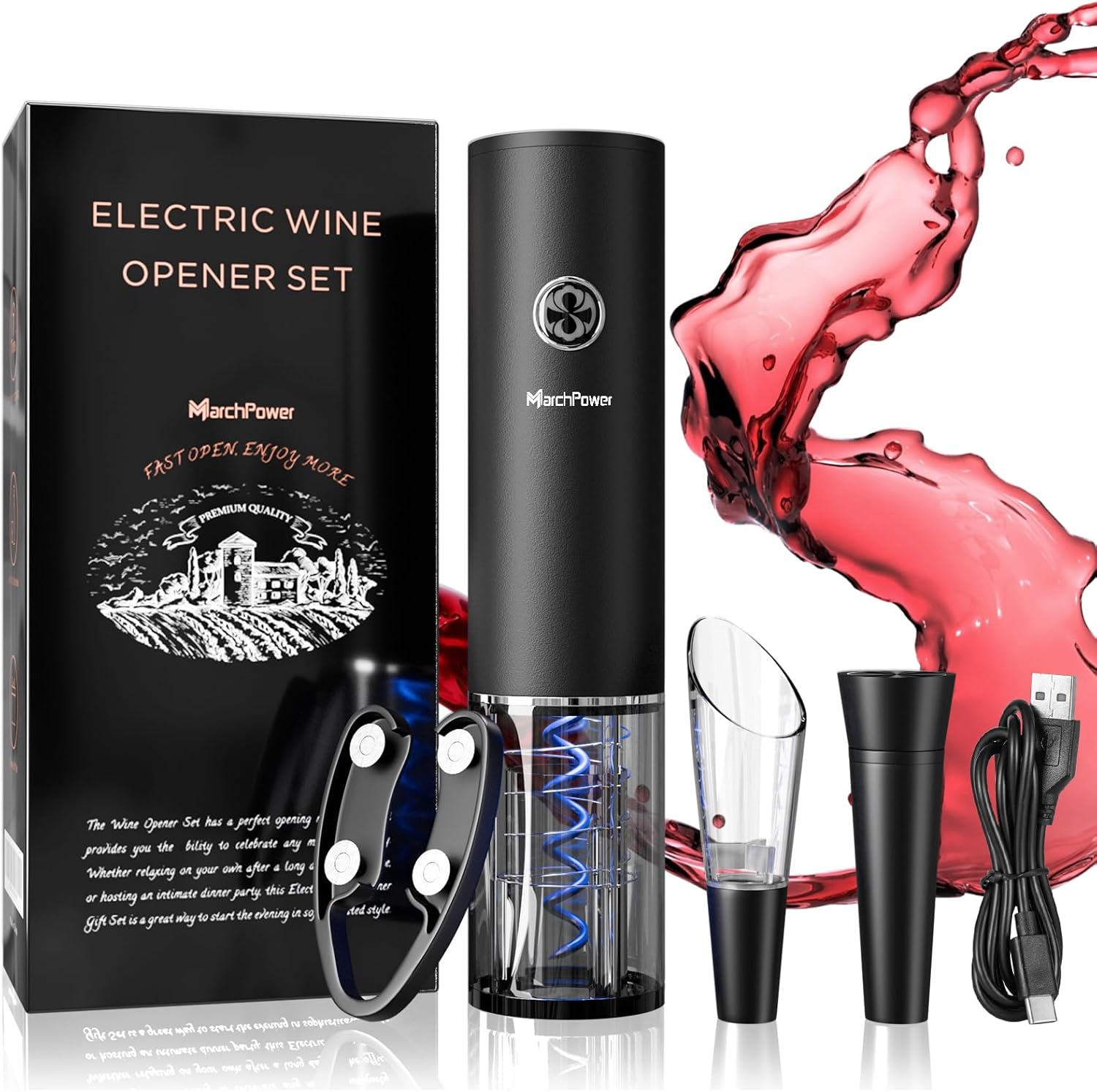 Tire Bouchon Electrique Rechargeable, Ouvre Bouteille Electrique 5 en 1 Coffret Tire Bouchon avec Coupe-Capsule Verseur de Vin et Bouchon à Vin Sous Vide pour Cadeau Homme Anniversaire Noel