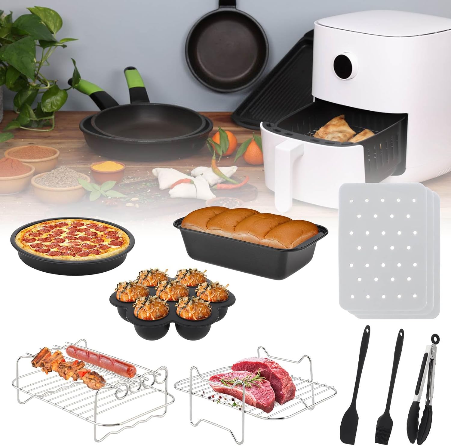Lot de 9 accessoires pour friteuse à air double panier pour friteuse Ninja Dual Air Fryer DZ201, DZ401 et la plupart des friteuses à air double zone de 8 QT – 10 QT et plus grandes, avec poêle à