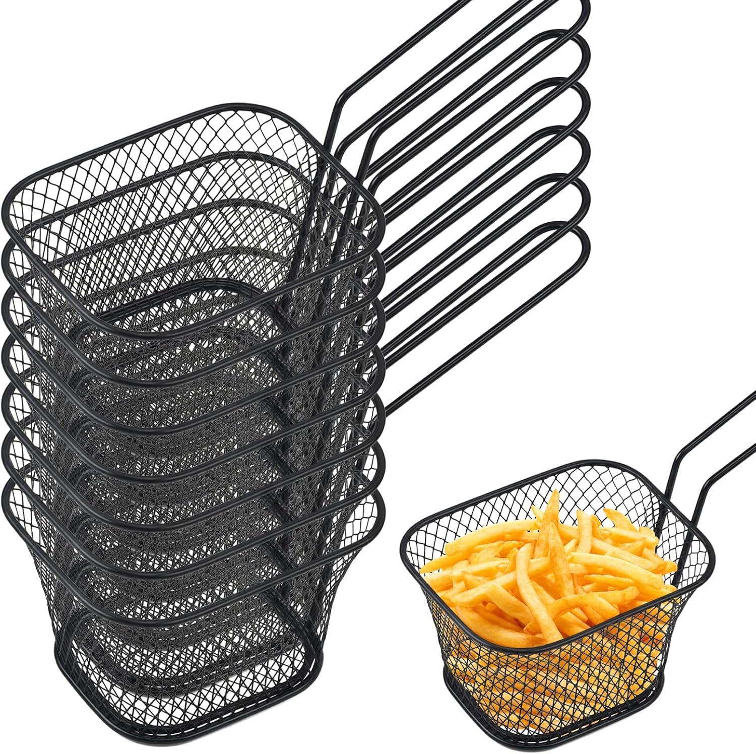 Lot de 12 paniers à frites : petit panier à frites en acier inoxydable argenté, panier pour aliments frits avec anse, panier à friteuse pour frites, rondelles d'oignon, pépites de poulet - Noir