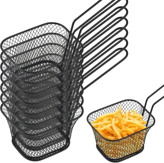 Lot de 12 paniers à frites : petit panier à frites en acier inoxydable argenté, panier pour aliments frits avec anse, panier à friteuse pour frites, rondelles d'oignon, pépites de poulet - Noir