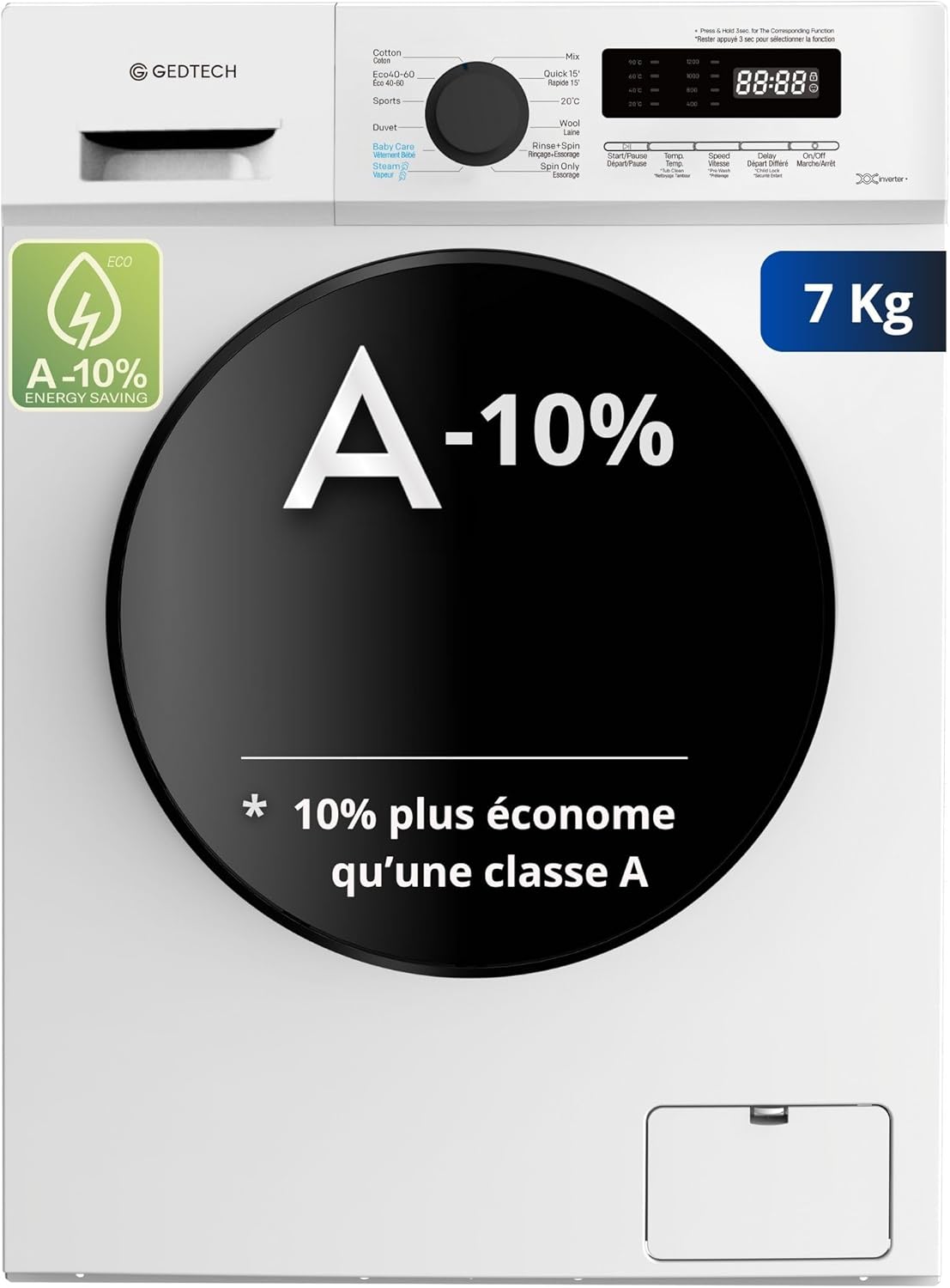 Lave-linge frontal GEDTECH GLL71200WH - 7 Kgs - 1200 tr/mn - 16 programmes - Eco - Intensif - Rapide – Très Faible conso Blanc 7 Kg