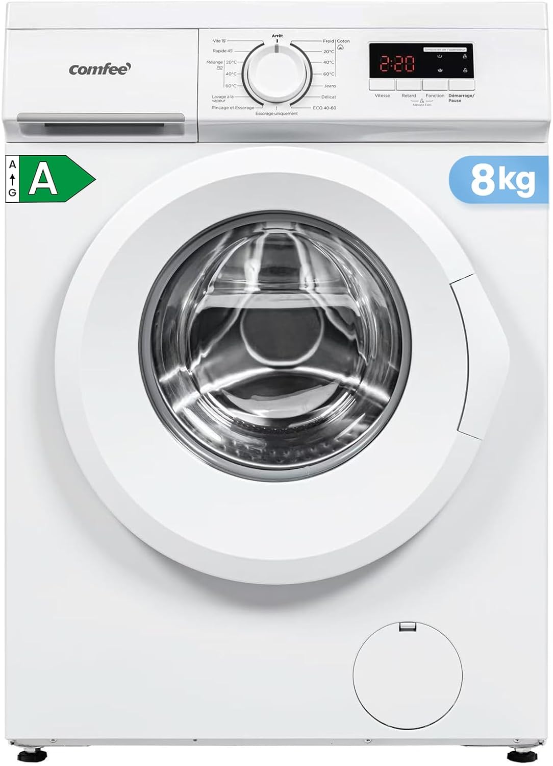 ' CFE12EW80-W-FR Lave-linge frontal 8KG, Classe énergétique A, Moteur BLDC 1400 tr-min, 15 Programmes, Prélavage, Blanc [Classe énergétique A]