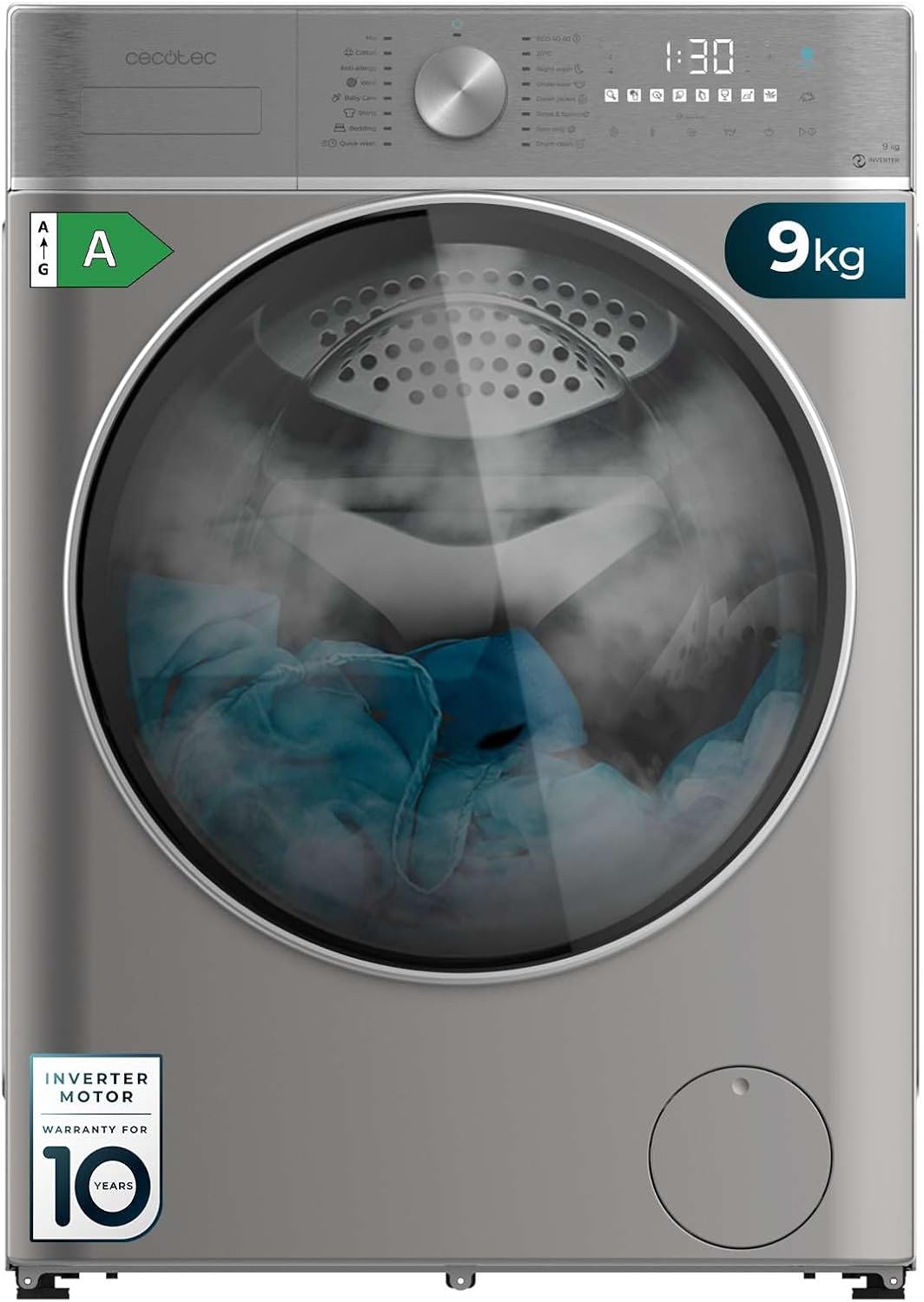 Lave-linge 9 kg à Chargement Frontal Bolero DressCode 9800 Inverter Steel A 1400 tr/min, Classe A, 16 Prog, Moteur Inverter Plus, SteamMax, OnSmart, SpaCare, Fuzzy Logic et Écran Tactile XXL 9 Kg Steel