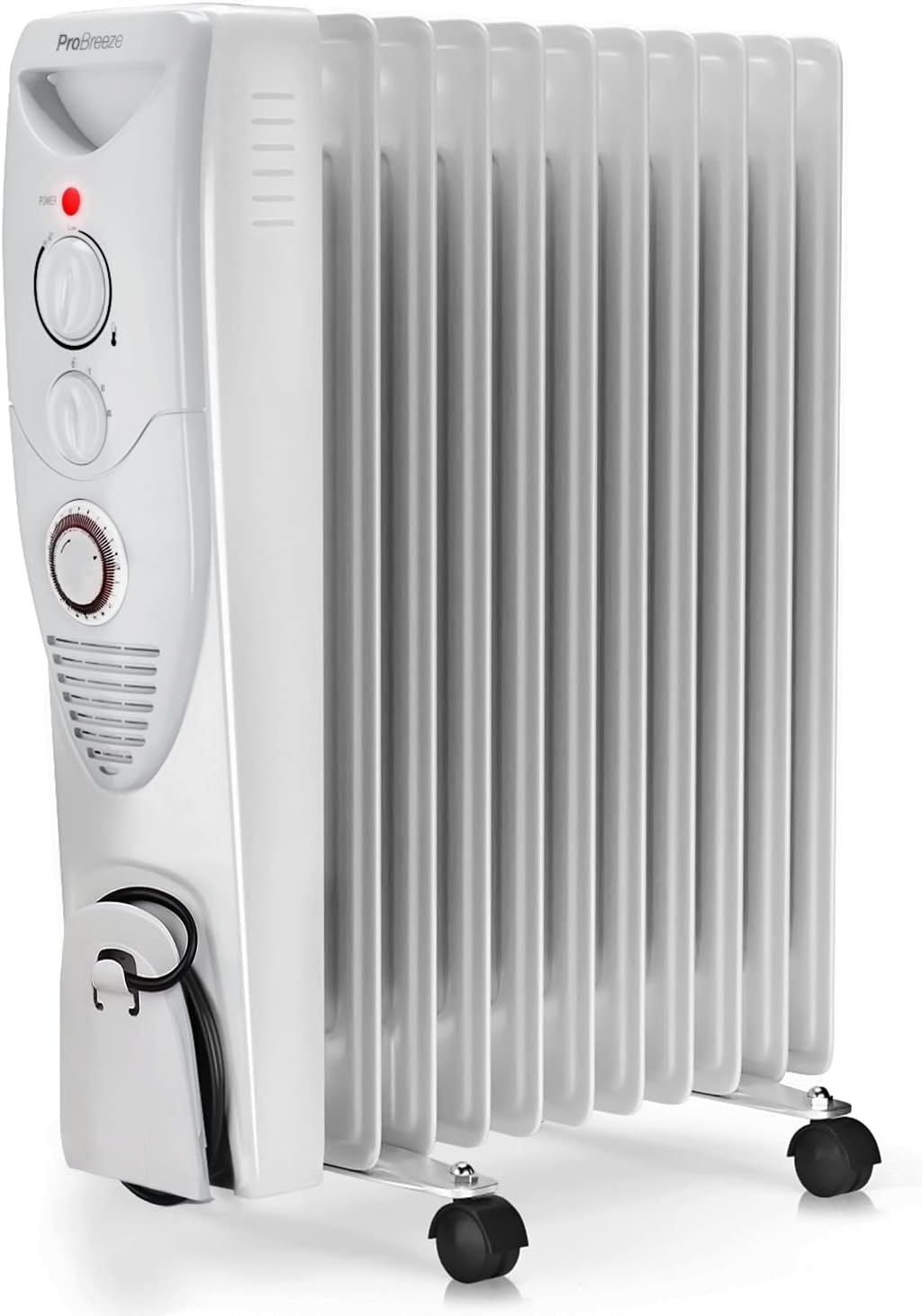 Radiateur à Bain d'huile 2500W, 11 éléments - Chauffage électrique Portable avec Minuterie intégrée, 3 Niveaux de Chaleur, Thermostat réglable, Caractéristiques de sécurité intégrées - Blanc