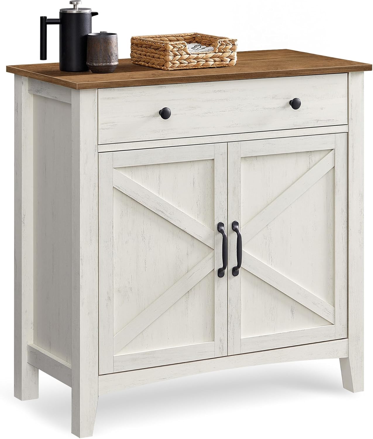 Buffet, Meuble de Rangement avec Tiroir, Meuble de Cuisine, avec Portes, Étagère Réglable, Style Campagne, pour Salon, 40 x 80 x 80 cm, Blanc Rustique et Marron Miel BBK341W01 80L cm Blanc Rustique + Marron Miel