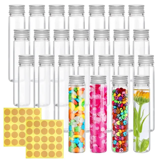 24 PCS Tube à Essai en Plastique Transparent 110ML avec 2 Pcs Autocollant Tubes à Essai avec Bouchon pour Mariage Bonbons Fleurs Plante Echantillon Sels Trempettes Barbecue