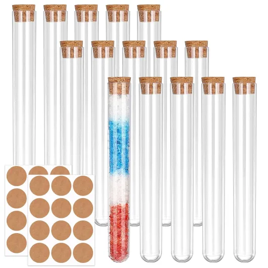 15 Pièces Tube à Essai, Tubes à Essai Transparents, Tube à Essai Plastique avec Bouchon Liège, avec Étiquettes Papier Kraft, pour Fleurs, Table de Laboratoire (16 * 150mm) 16*150mm