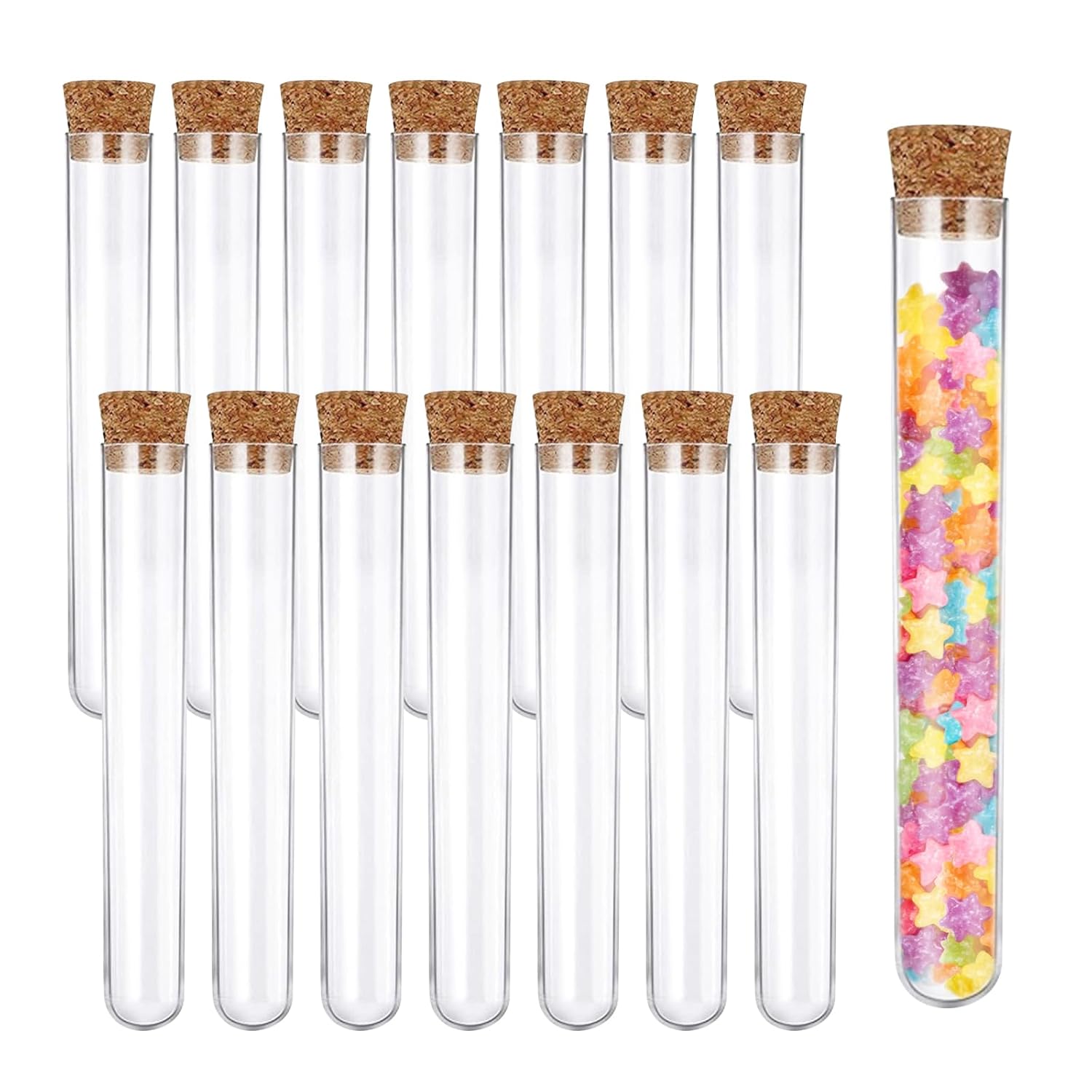 15 Pièces Tube à Essai Plastique, 12x75mm Tube avec Bouchon Liège, Tubes Transparents pour Laboratoire, Éprouvettes pour Bonbons, Épices, Plantes, Échantillons, Fiole à Dragées Mariage 12mm*75mm