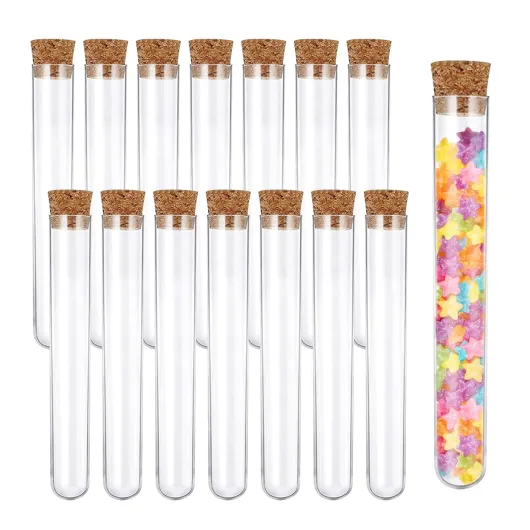 15 Pièces Tube à Essai Plastique, 12x75mm Tube avec Bouchon Liège, Tubes Transparents pour Laboratoire, Éprouvettes pour Bonbons, Épices, Plantes, Échantillons, Fiole à Dragées Mariage 12mm*75mm