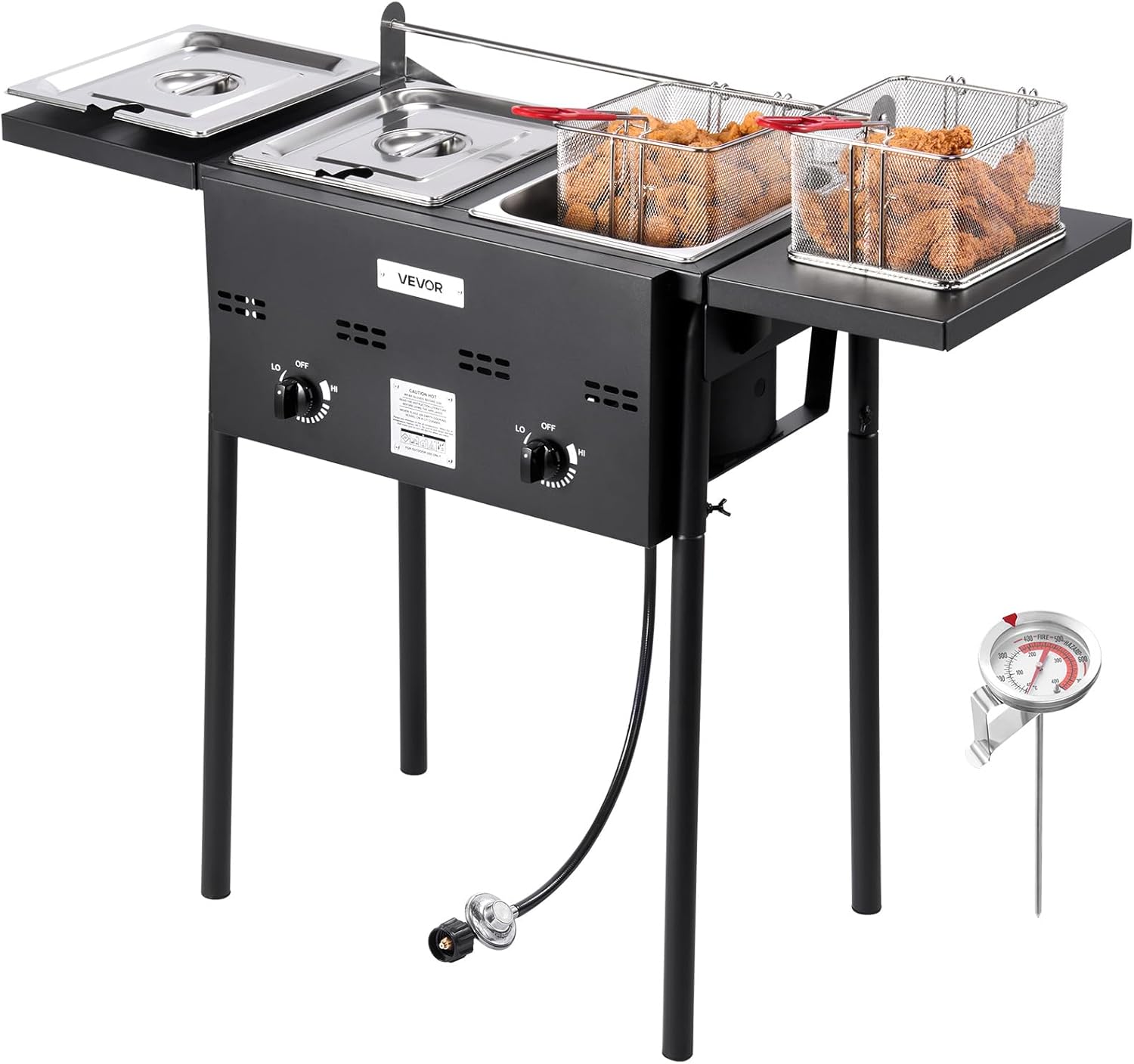 Friteuse au Gaz Propane à Double Cuve 9Lx2, Appareil de Cuisson au Propane en Acier Inoxydable, Autoportant avec Plateforme Pliable et Réglage de la Chaleur, pour Extérieur Restaurant Snack-bar