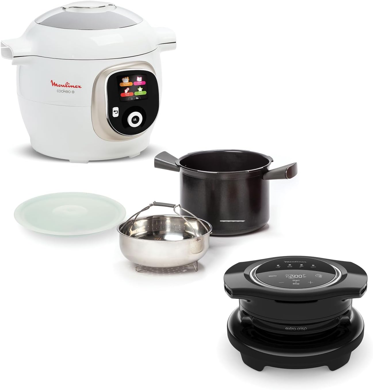 Cookeo Multicuiseur intelligent,Capacité 6 L,Haute pression,Ecran intuitif,Guide de cuisson pas à pas+Moulinex Extra Crisp Couvercle Cookeo,Recettes croustillantes,4 programmes automatiques 6 modes de cuisson plus airfryer 6 L