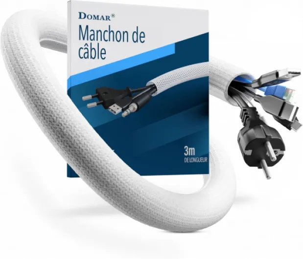 DOMAR® 3m de Gaine Cable Auto-fermante & Flexible - Manchon de Cable pour Une Gestion optimale des câbles - Cache Cable Blanc pour Installation électrique - Manchon Cable Bureau 3 mètres Blanc