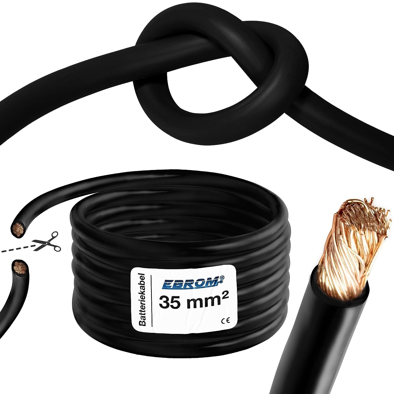 EBROM Câble de batterie très flexible Hi-Flex (Hi Flex) 35 mm² Au mètre en noir - Très flexible Gaine en PVC (70 ± 5 Shore) 100% cuivre 35 mm² Comme câble de démarrage, câble de chargement ou autre 35 mm² Hi-Flex